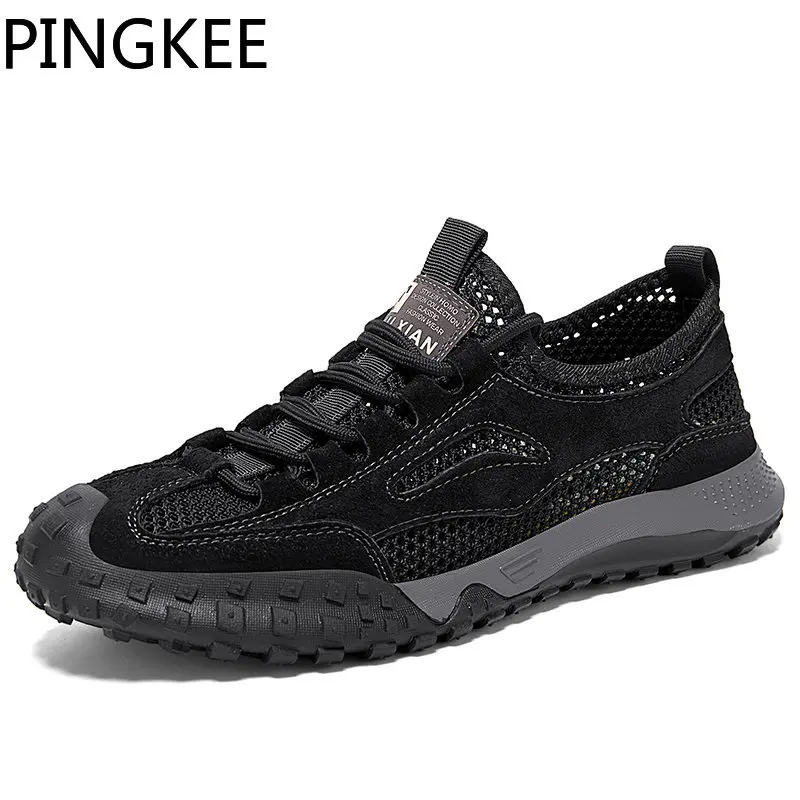 

PINGKEE Ultra Light Athletic Air Mesh Men Sneakers Quick-draw Elastic Cord Lacing System Water Drainage Sandals Men Hiking Shoes