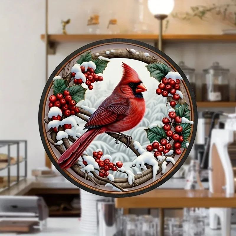 1pc Cardinal & Holly Berry Wreath Sign - Christmas Holly Rough Metal Tin Sign, Elegant Bird Decor for Wall Hanging