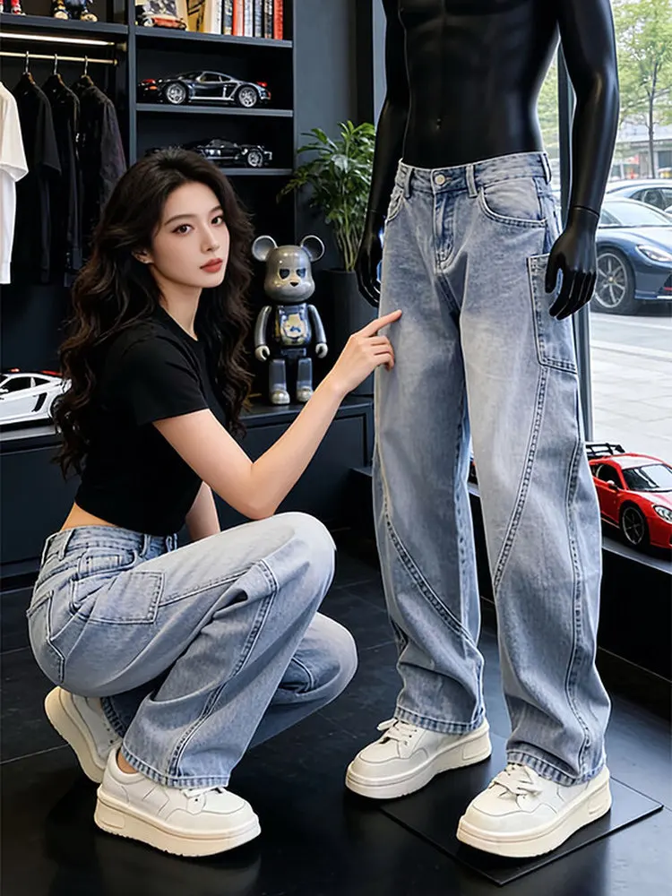 

American High Street Straight Leg Men's Jeans Spring Fashionable Low Waist Loose Fit Classic Blue Low Riding Pants