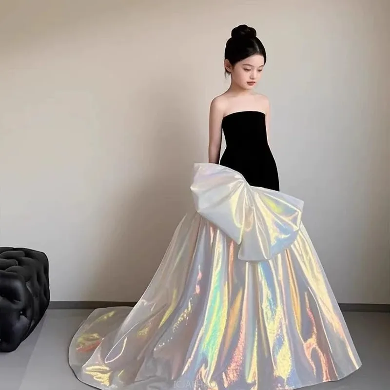 Party Dress Black Girls Stage Performance Dresses Clothes Princess Pageant Gown Costume Formal Wear Kids Show Walking Outfit