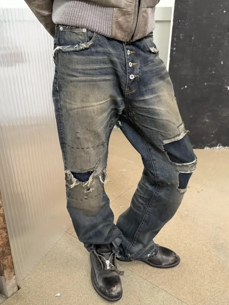 NO FAITH dirty dyed old blue patch ripped red ear bootcut jeans