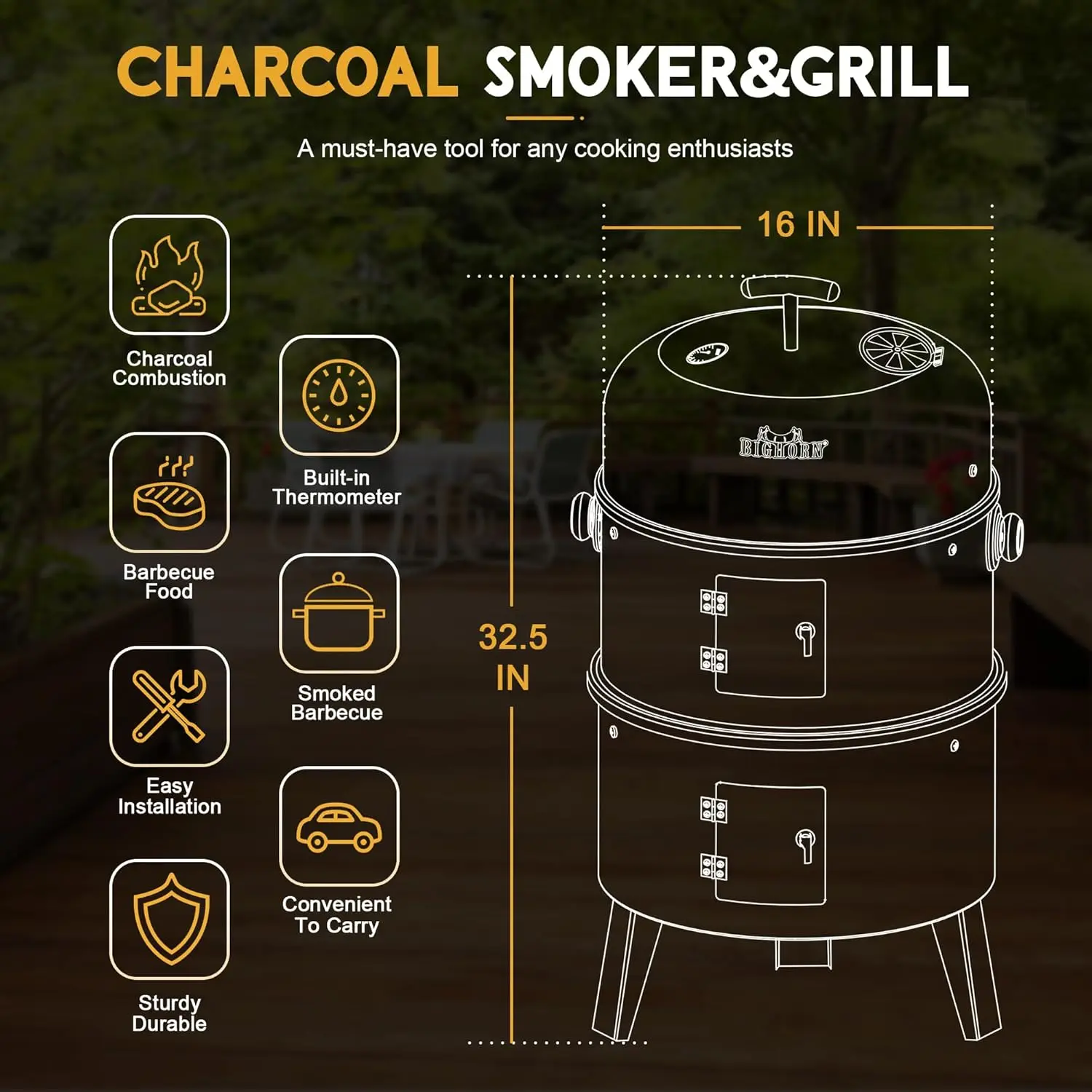 16 inch Charcoal Smoker, Vertical BBQ Grill, Heavy Duty 4 In 1 Fire Pit with Built-in Thermometer & Adjustable Vent System