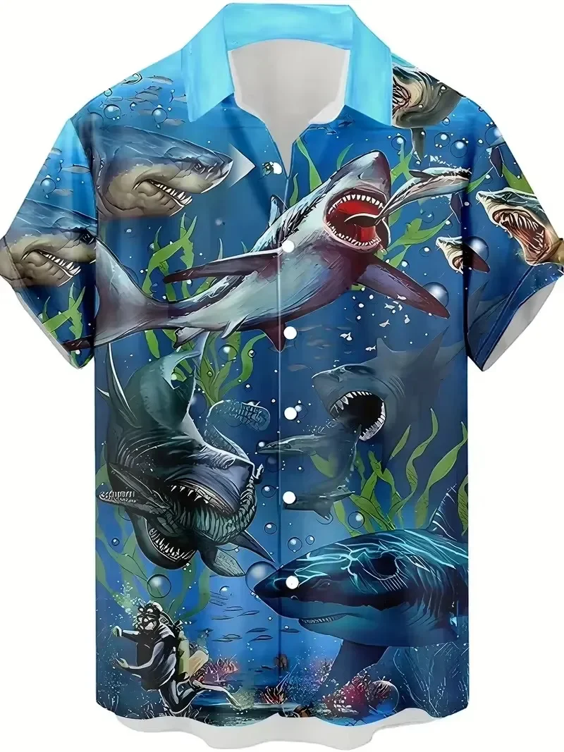 Men's Short-Sleeve Button-Up Beach Shirt with Printed Casual Summer Hawaiian Style
