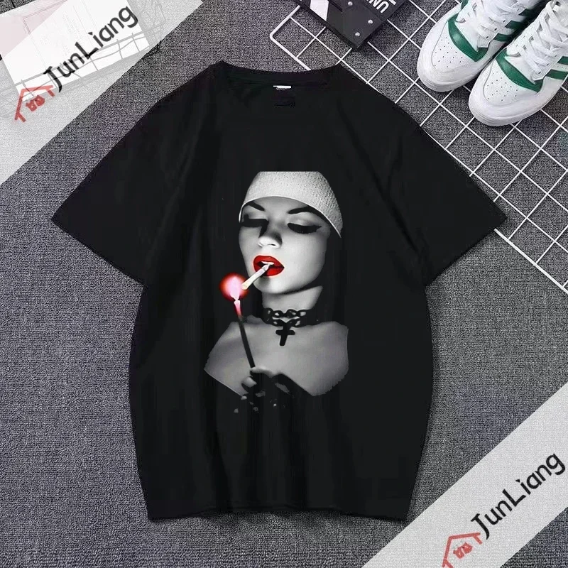 Pop Smoking And Drinking Nuns Religious T-shirt, Cute Unisex T-shirt Short Sleeved Summer Crew-neck Plus Size Breathable Clothin