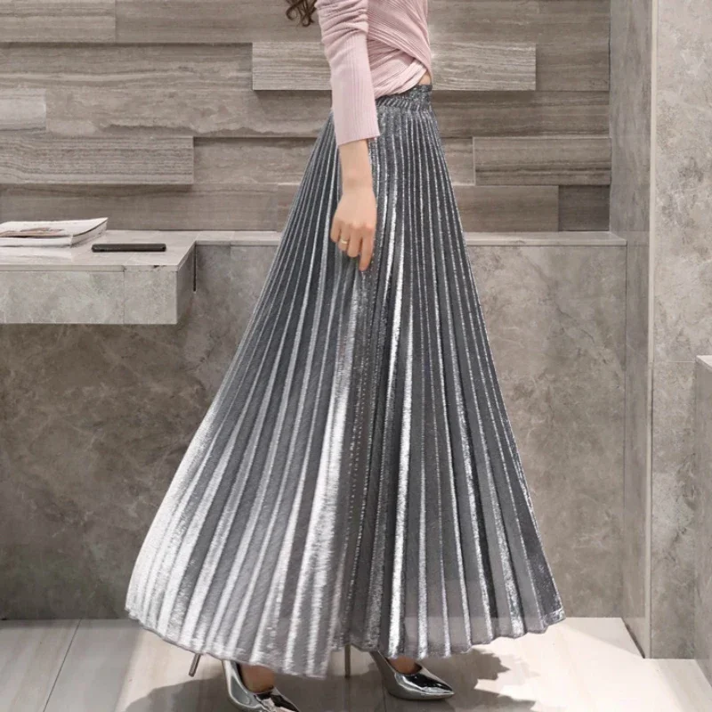 Metallic A-line Pleated Maxi Long Skirts Golden Silver Ankle Length Beach Skirt