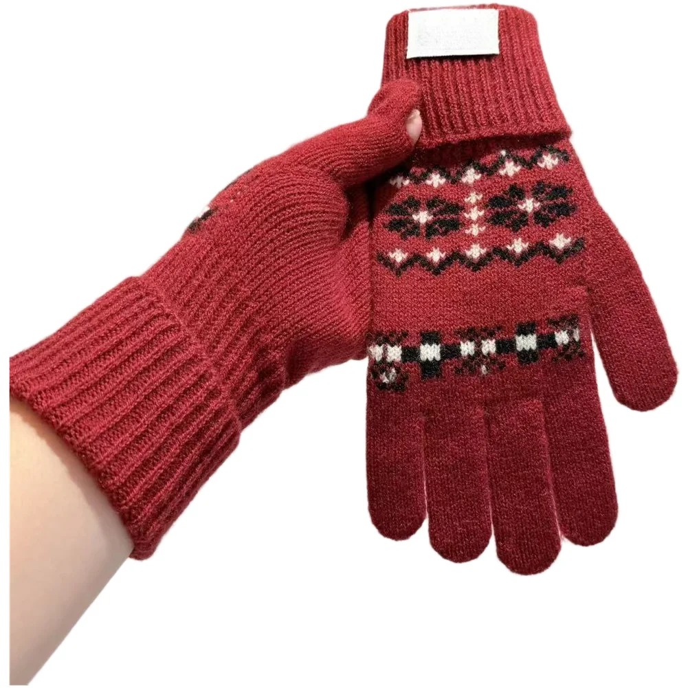 Wool Blend Knit Gloves Women's Retro Snowflake Jacquard Pattern Ribbed Warm Design Compatible for Winter Outdoors