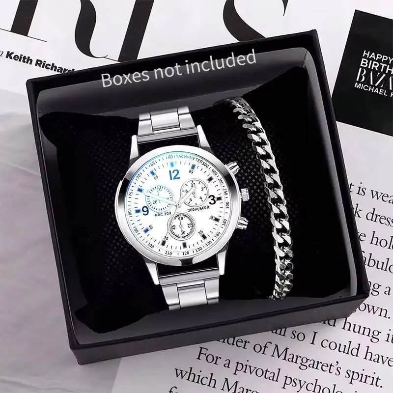 남성용 비즈니스 쿼츠 시계 팔찌 세트, 실버 스틸 밴드, 박스 없음, 패션, 세트당 2 개