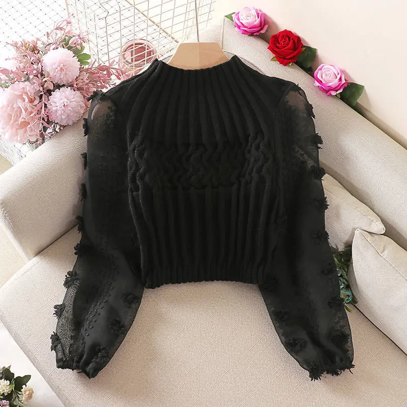 

2025 Autumn Winter New Fashion Mesh Splicing Women Knitted Hoodie Sweet Bubble Sleeves Female Half High Collar Bottom Shirt