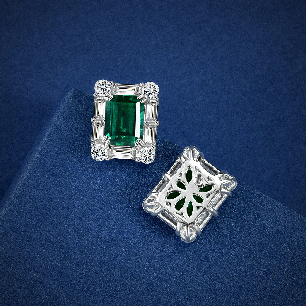 Shipei Jewelry 2023 New S925 Silver Rectangle 2 Carat Cultivated Emerald 7 * 9 Explosive Sparkling High Carbon Diamond Earrings