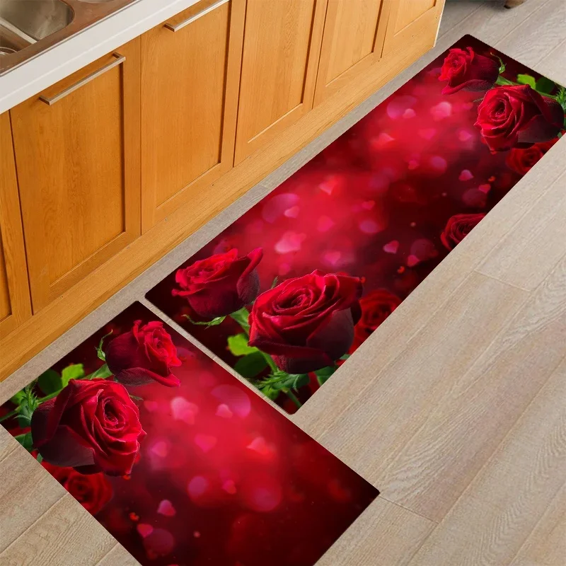 Rose Floral Kitchen Floor Mat Home Entrance Doormat Decoration Carpet for Living Room Non-slip Corridor Rugs Bathroom Mat