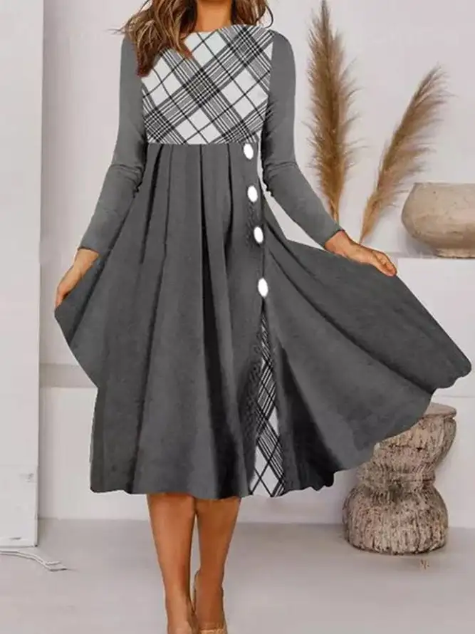 

Plus Size Women Gray Long Sleeve Scoop Neck Printed Midi DressNyfairy