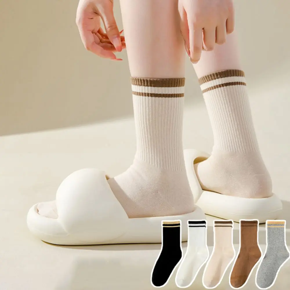 

10Pairs Sweat Absorption Patchwork Stripe Socks Non-Slip Breathable Mid-calf Socks Simple Hosiery Women Tube Socks Girl
