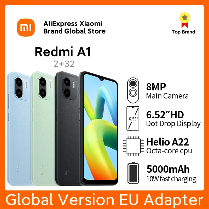 Xiaomi Redmi A1 Global Version 2GB 32GB Helio A22 Octa Core 8MP Dual Camera Cellphone 5000mAh Battery Android 12 Mobile Phone