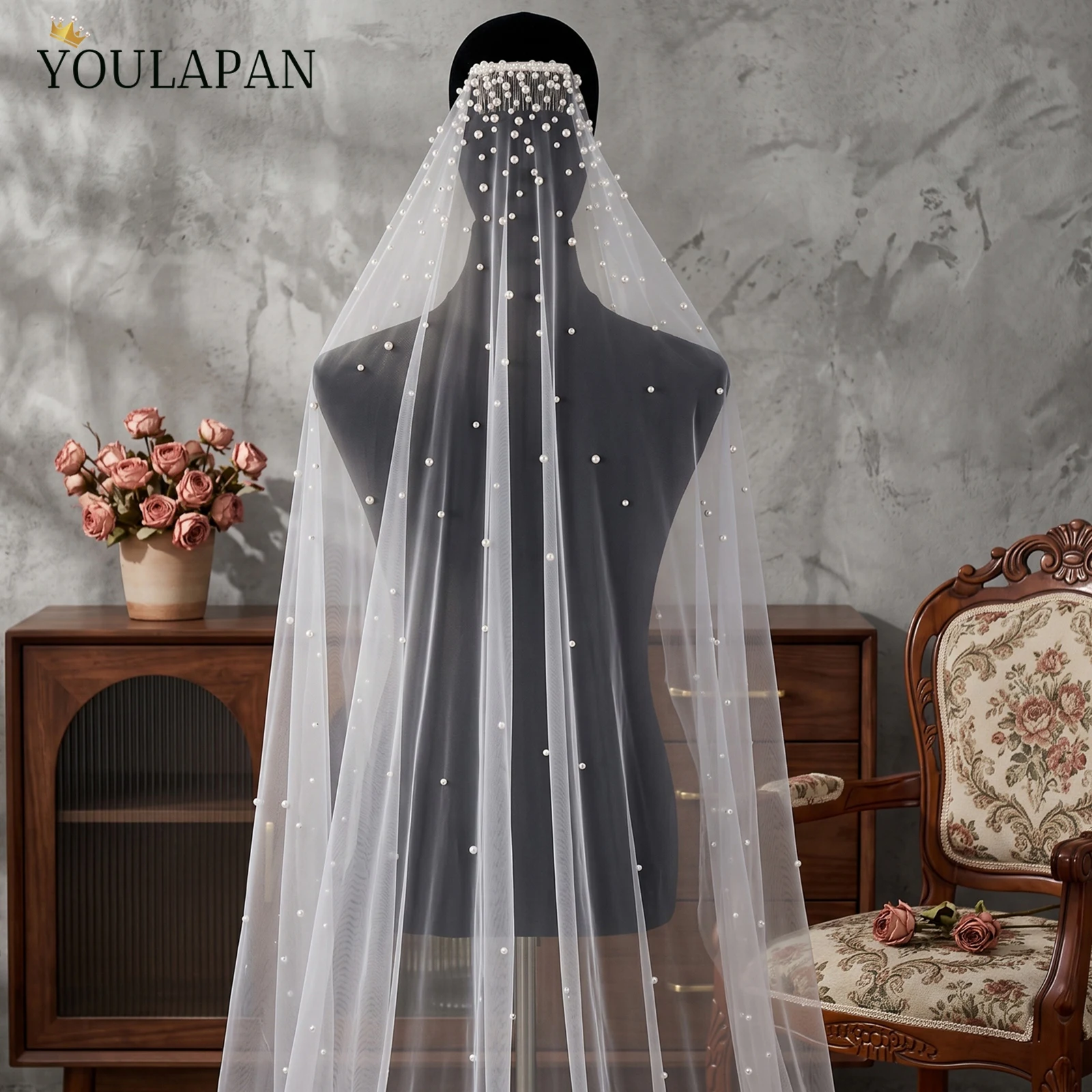 TOPQUEEN Pearls Bridal Veils With Comb Veil White1 Tier 3 Meter Luxury Long Wedding Veil Bridal Hair Accessories Wedding V180
