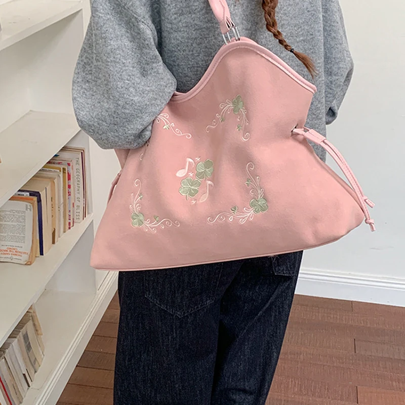 Koreanische Umhängetasche mit Kordelzug, ethnische Blumen- und Musiknoten-Stickerei, große Handtasche für Damen, Vintage-Handtasche für den Winter. – Detail 20
