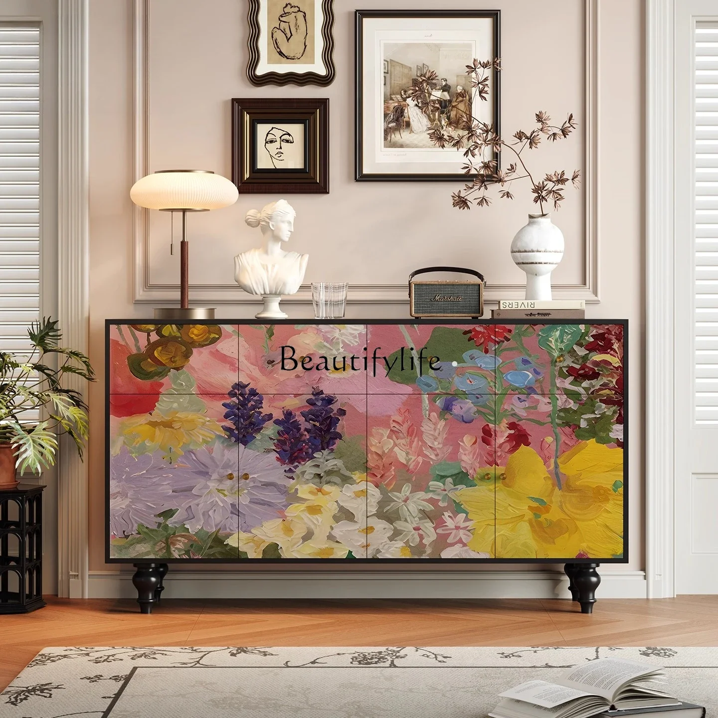 

LJYAll solid wood retro flower entrance cabinet living room storage cabinet