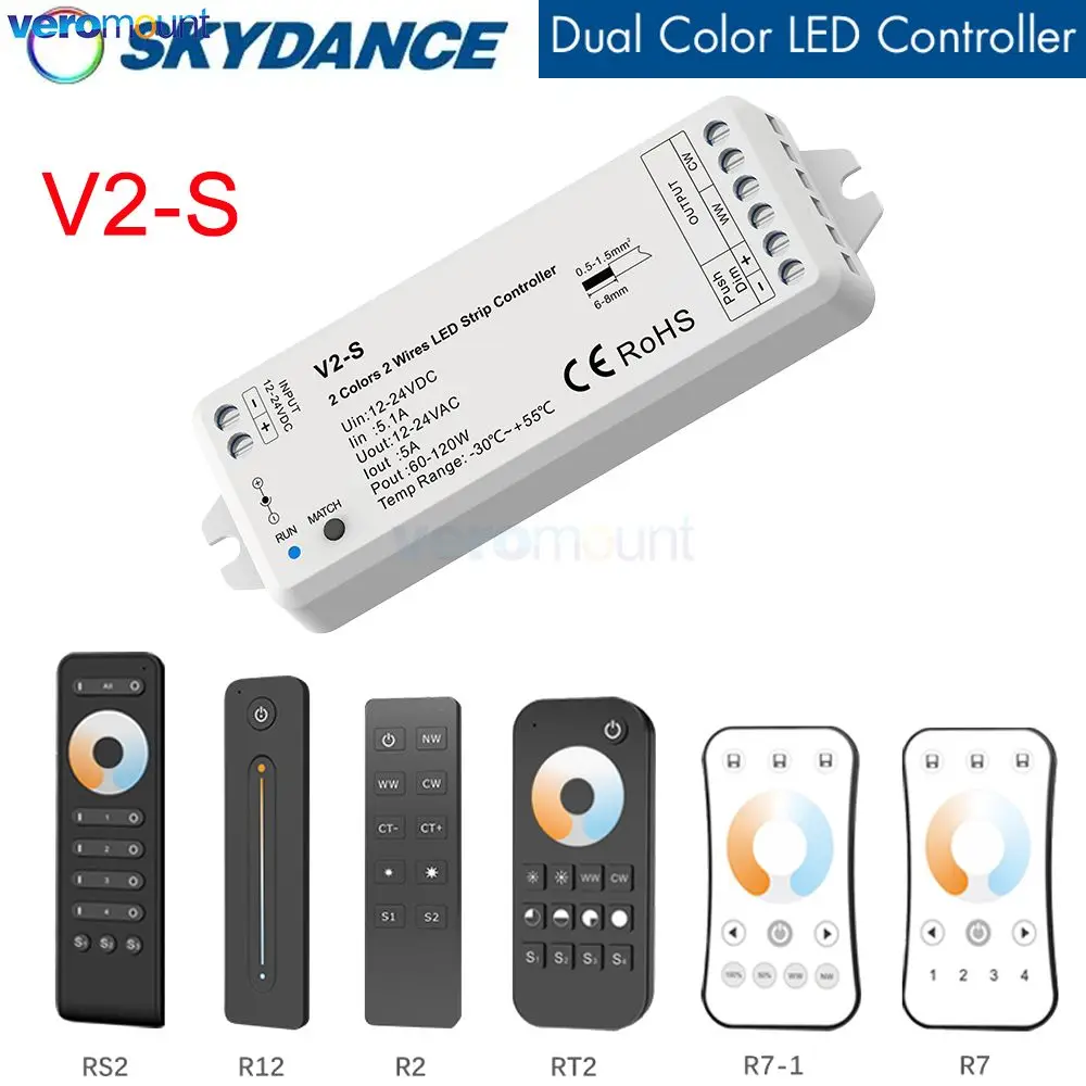 Skydance V2-S DC 12V 24V LED Controller for CW WW LED Strip CCT 2 Wires Push Dimmer 0-100% Dimming Function Wireless RF Remote