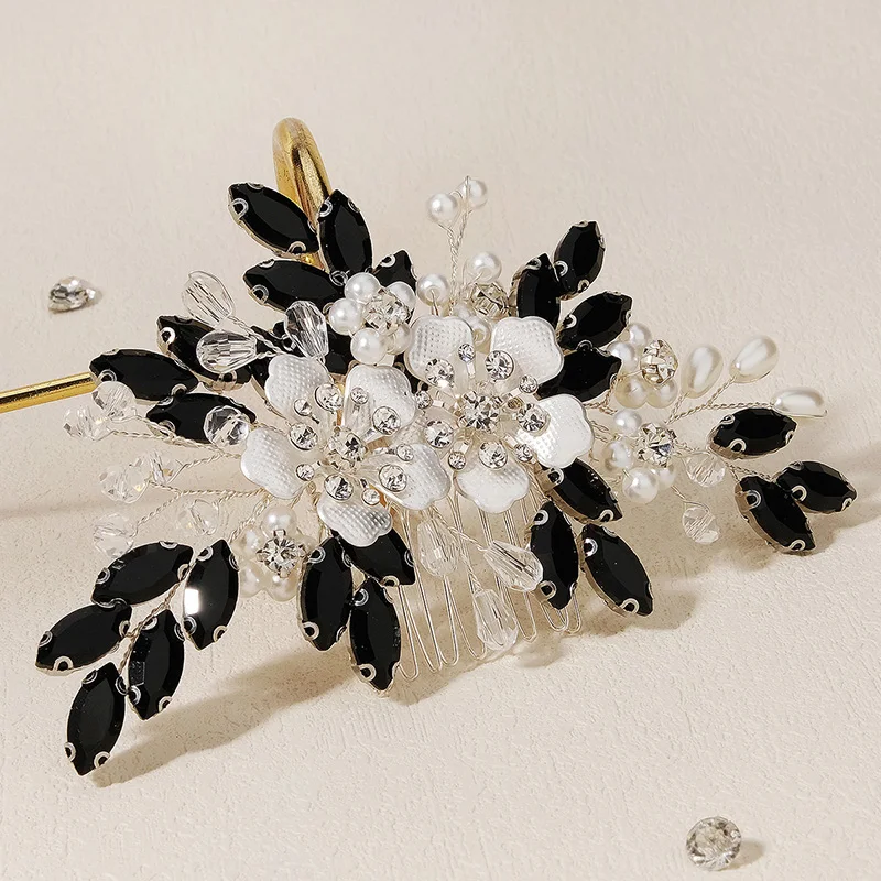 Fashion Black Crystal Flower Hair Combs Clips for Women Bridal Wedding Hair Accessories Party Jewelry Bride Headpiece Gift