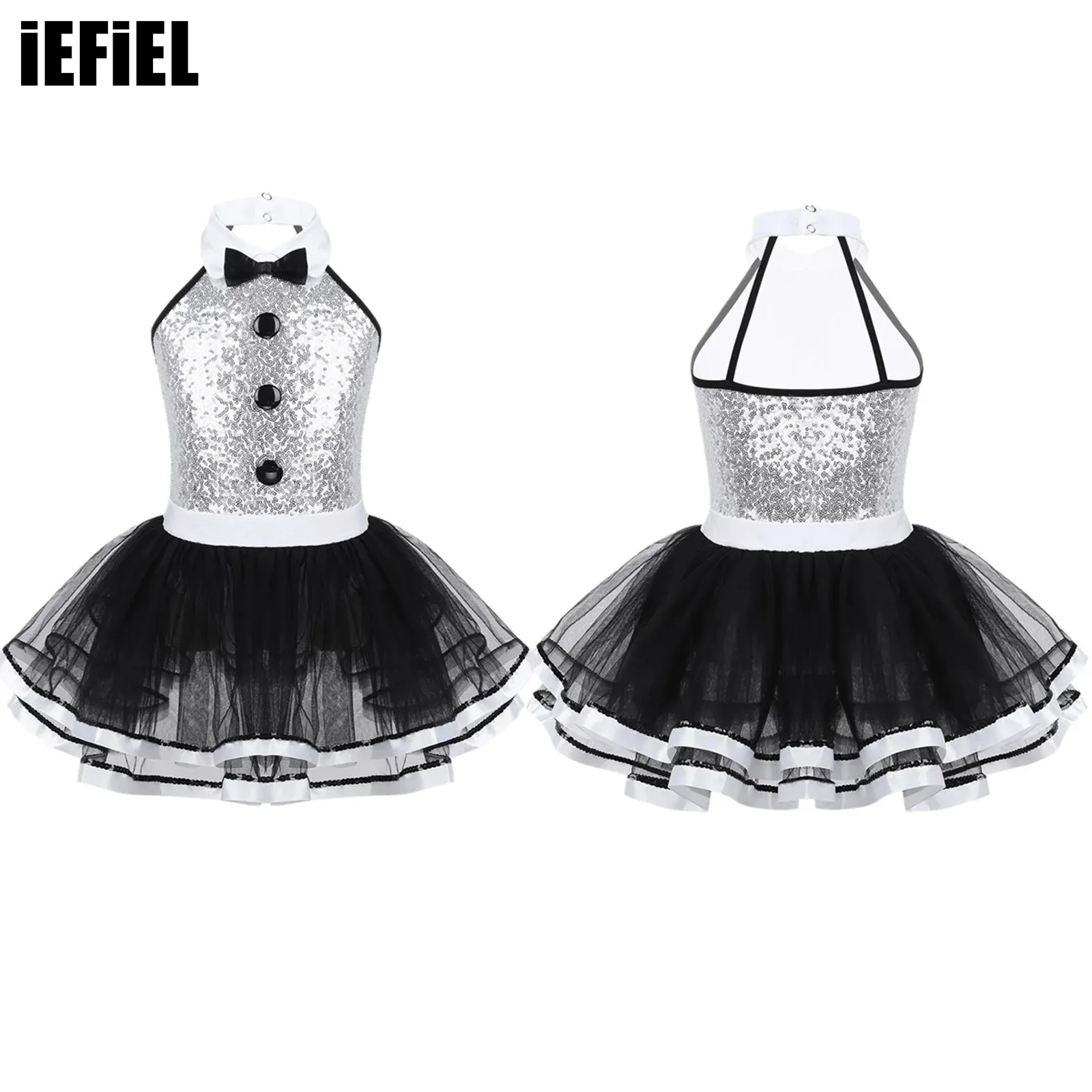 

Kids Girls Shiny Sequins Dance Dress Sleeveless Decorative Buttons Ballet Gymnastics Mesh Tutu Dress Modern Dance Costume