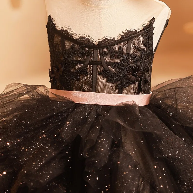 Customized Black Ball Gown Tulle Baby Flower Girl Dresses Court Train Children Wedding Prom Birthday Party Gowns