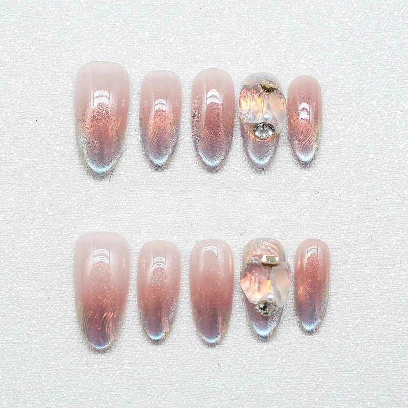

Pure Hand-worn Armor 2025 New Gradual Change Magic Mirror Powder Water Ripple Nail Film Cat Eye Press on Nails
