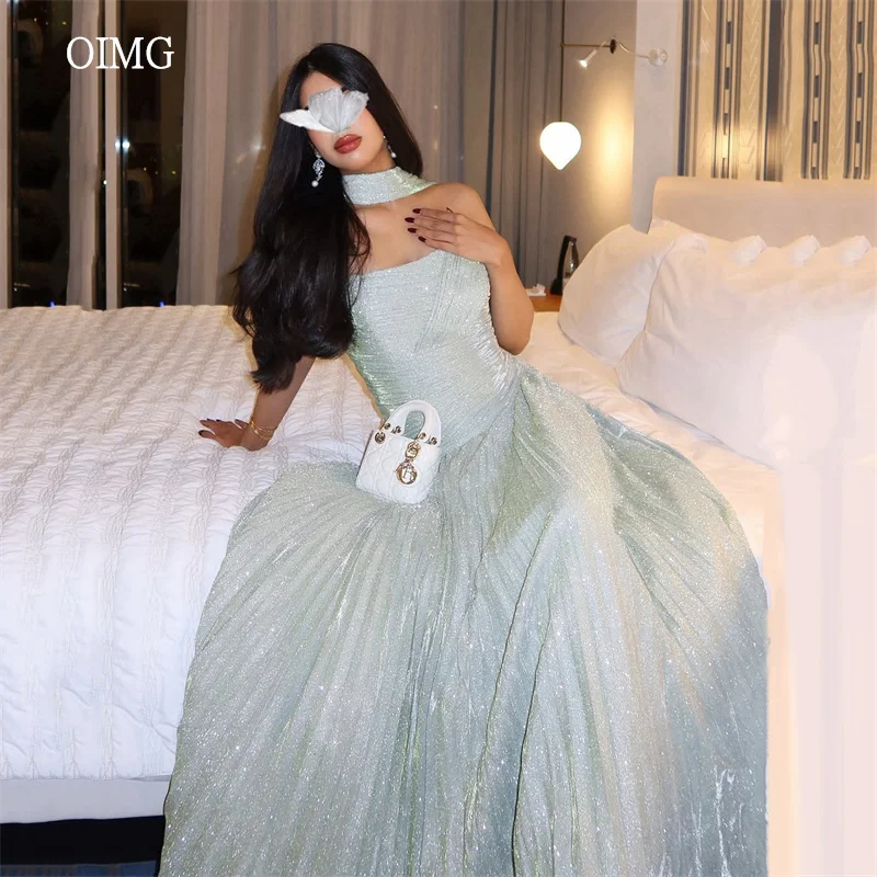 

OIMG Glitter Light Green Strapless A Line Prom Gowns Backless Party Gown Floor Length Evening Dress vestidos de gala Customized