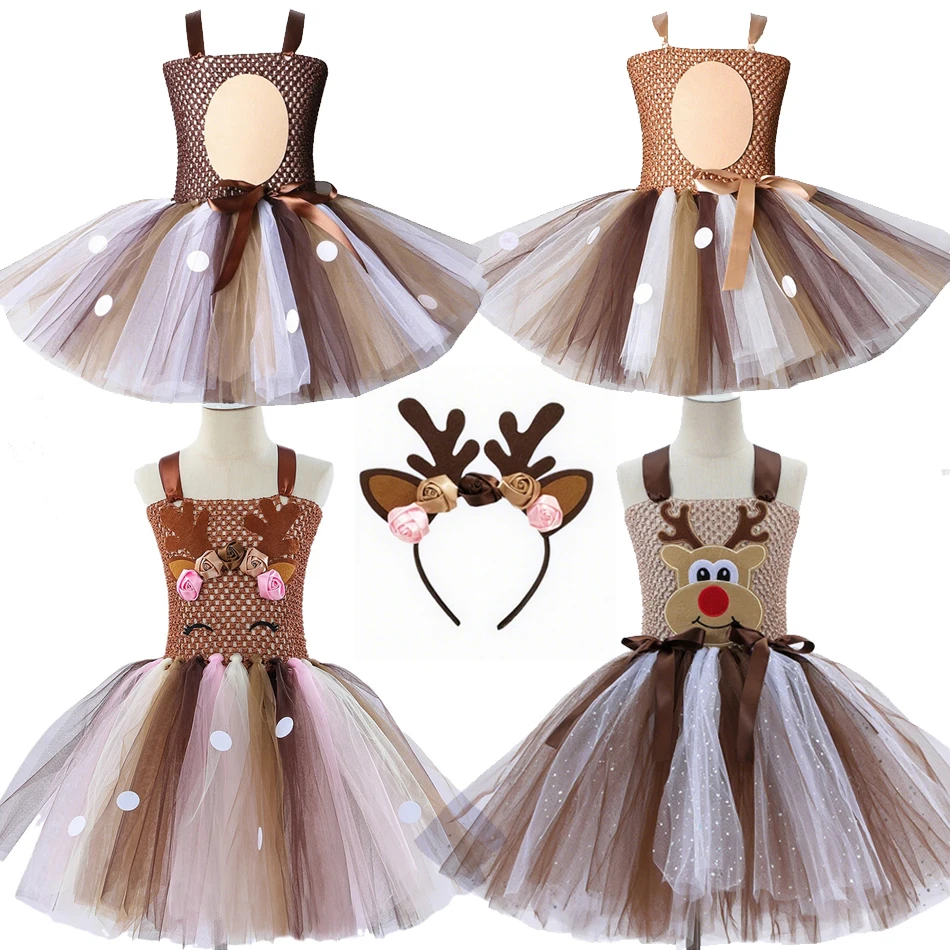

Girls Tutu Christmas Princess Dress Kids Sequin Mesh Gown Children Cartoon Costume Reindeer Floral Headband Holiday Fancy Sets