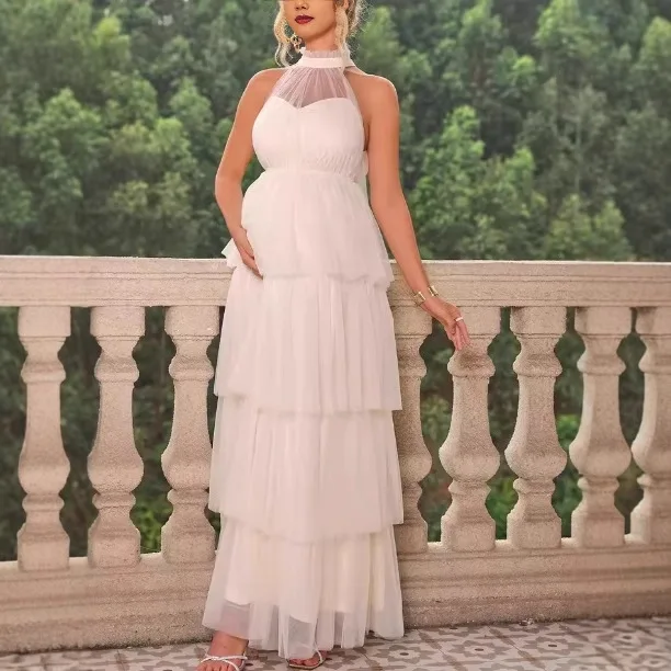 Элегантное вечернее платье, однотонное сетчатое каскадное платье с рюшами для беременных, с круглым вырезом, без рукавов, реквизит для фотосессии, платье для беременных