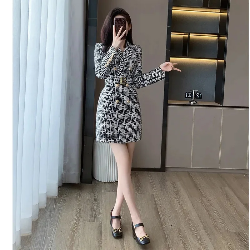 2024 Spring Autumn New Fashion Printing Suit Jacket Women's Long Sleeve Dress Mid-Long Double-Breasted Blazer Trench Coat Female