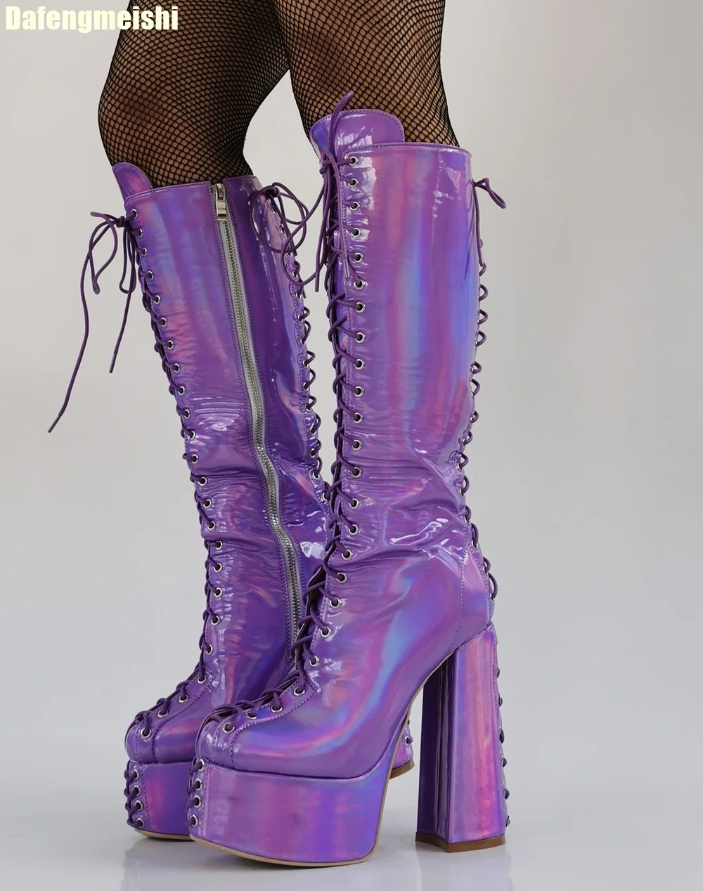 

Purple Fantasy Platform Thick Heel Boots Cross Strap Lace-Up Side Zipper Fashion Knee-High Boots 2025 New Loog Boots Size 44