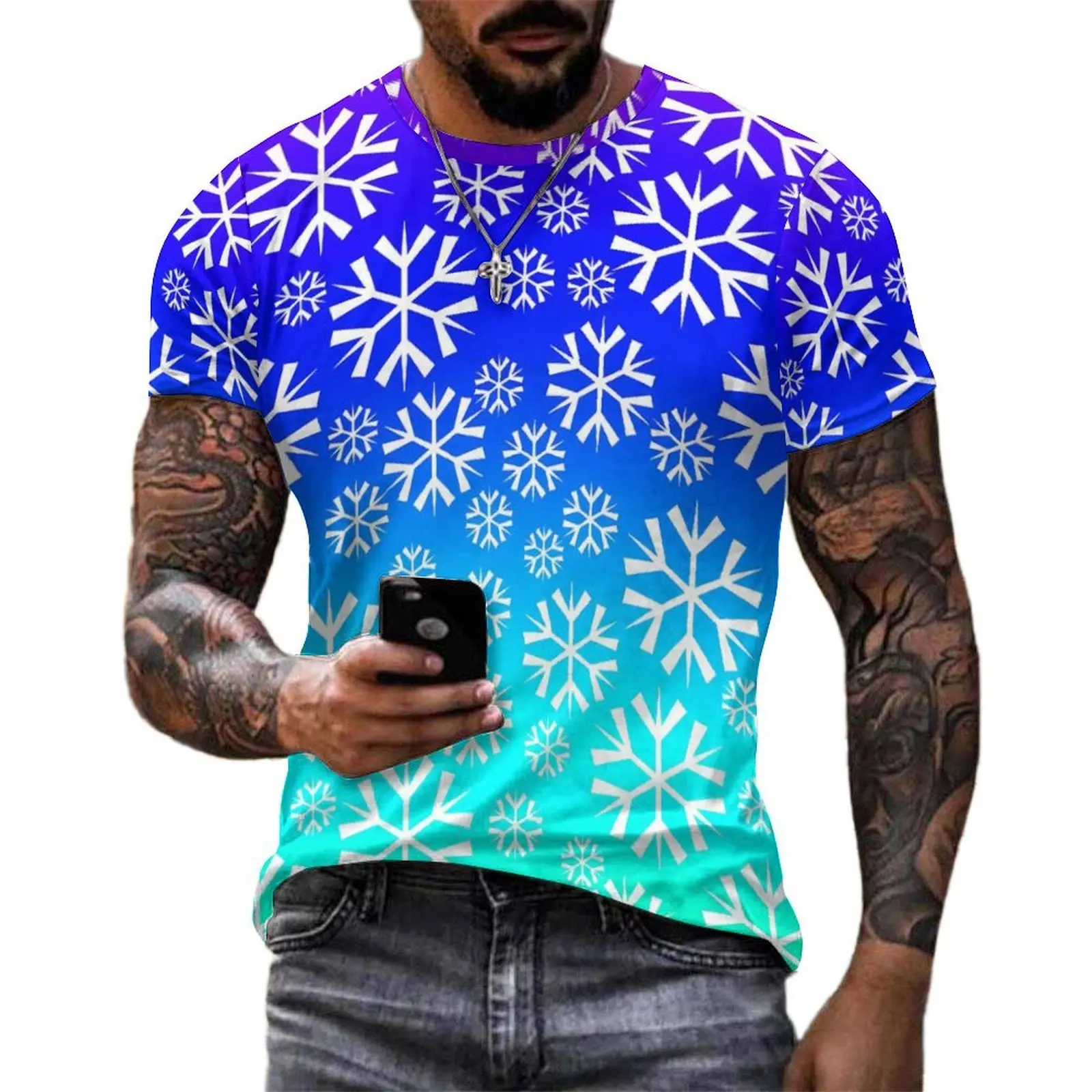 White Snowflake T Shirt For Male Ombre Print Graphic O Neck T Shirts Summer Trendy Tops Short Sleeve Casual Plus Size Tees