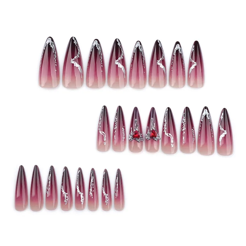 24Pcs Press-On Nails Long Pointed “Hot Girl” Style with Heart-Shaped Rhinestones and Dark Red Gradient—Perfect for Girls