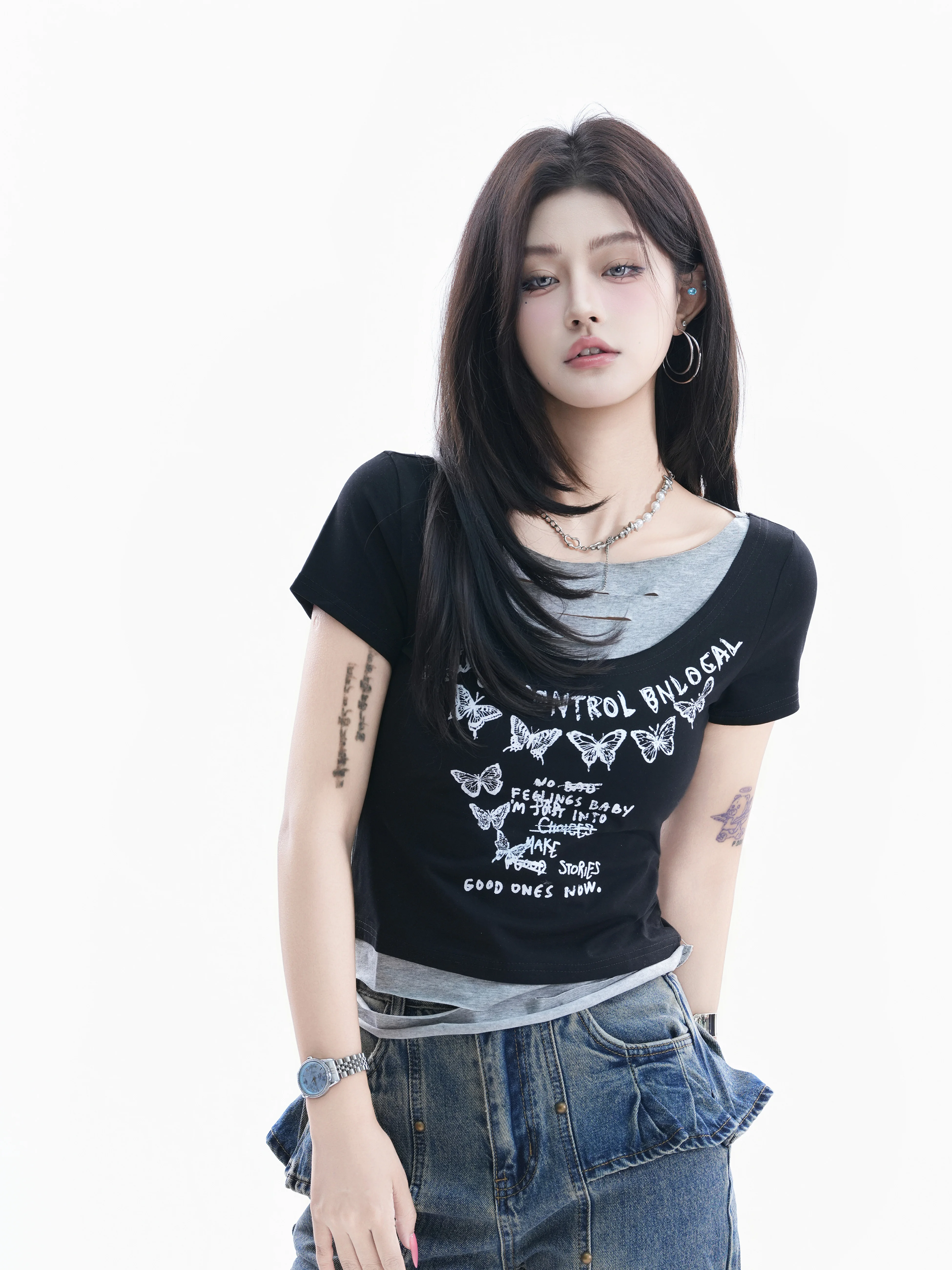 

Retro American Print Hollow out Design Short Sleeve T-Shirt Women's Hole Design Spicy Girl Top Cotton Blend Comfort...