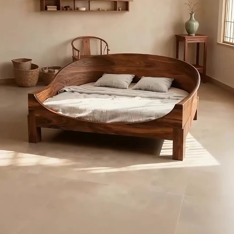 New Chinese ash wood curved bed, all solid wood double bed