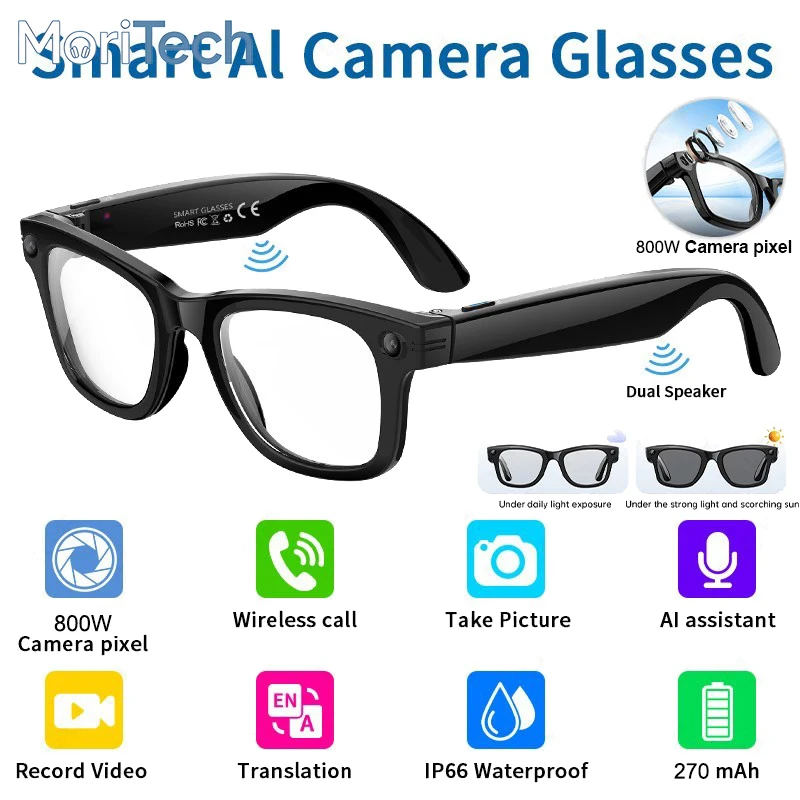 

MoriTech AI Smart Glasses with Video Camera 8MP Outdoor Sunglasses Wi-Fi Transfer BT Calling Audio Record Smart Wearable Headset