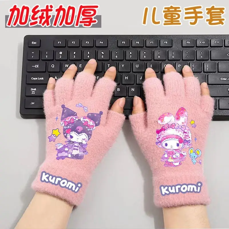 New Sanrio Kuromi innovative and fashionable winter half-finger plush warm and cold-proof gloves outdoor cycling gloves gift