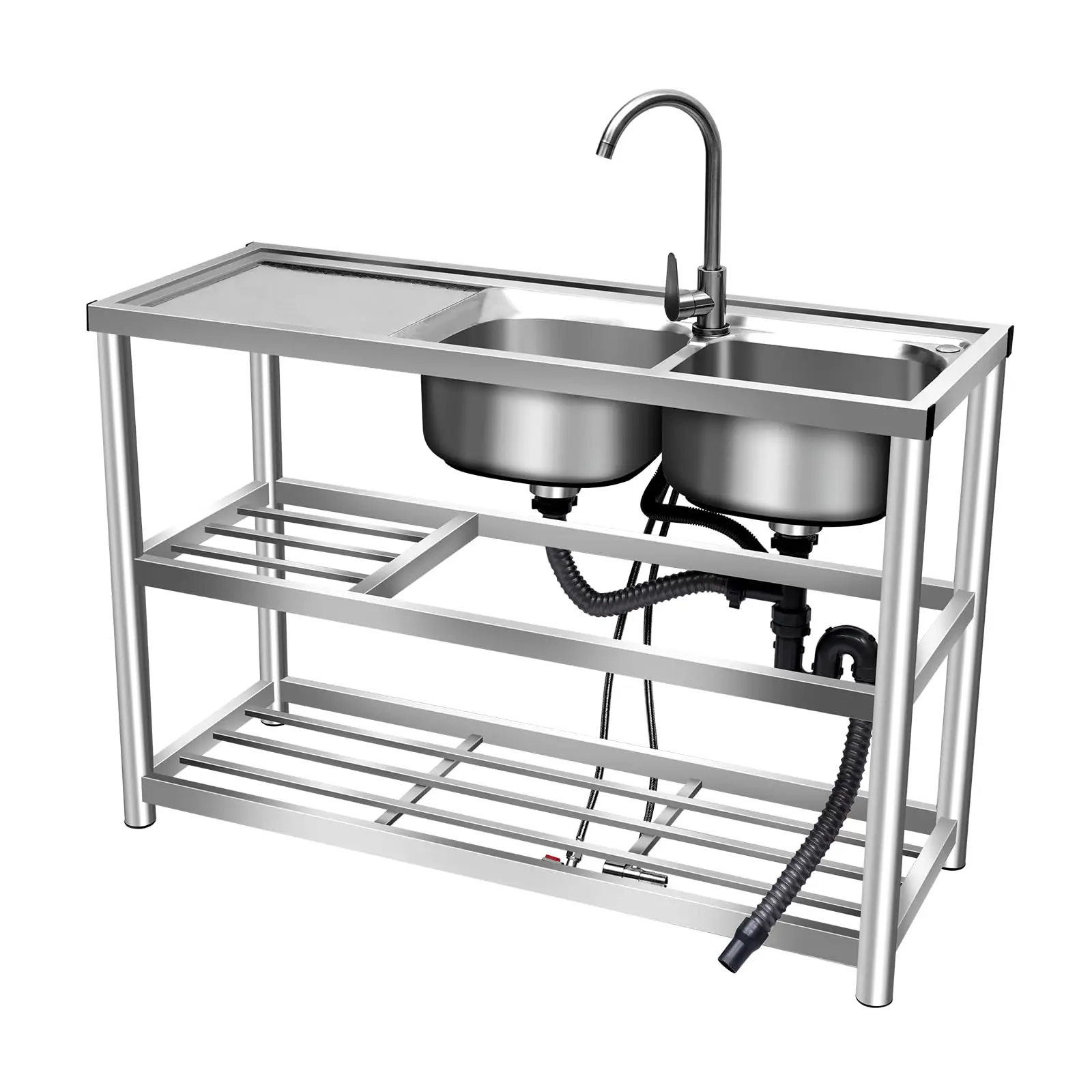 Double Bowl Sink Stainless-Steel Freestanding Commercial Restaurant Kitchen Sink Set w/Faucet & Drainboard 2