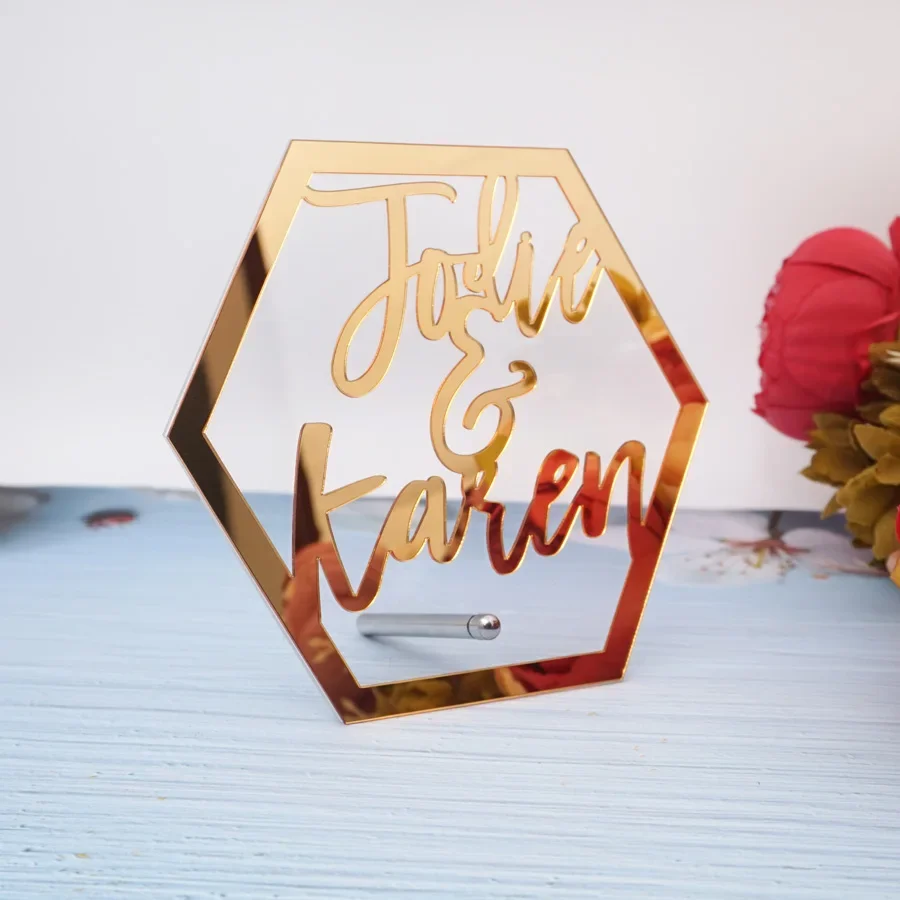 Hexagon Shape Mirror Frame Table Decor Custom Name Personalized Acrylic Word Sign Christmas Party Decor Gifts With Standing Nail