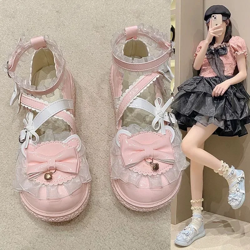 Japanese Original Sweet Lolita Style Flats Kawaii Lace Bow Decorative Platform Mary Jane Shoes College Style Y2K Tea Party Shoes