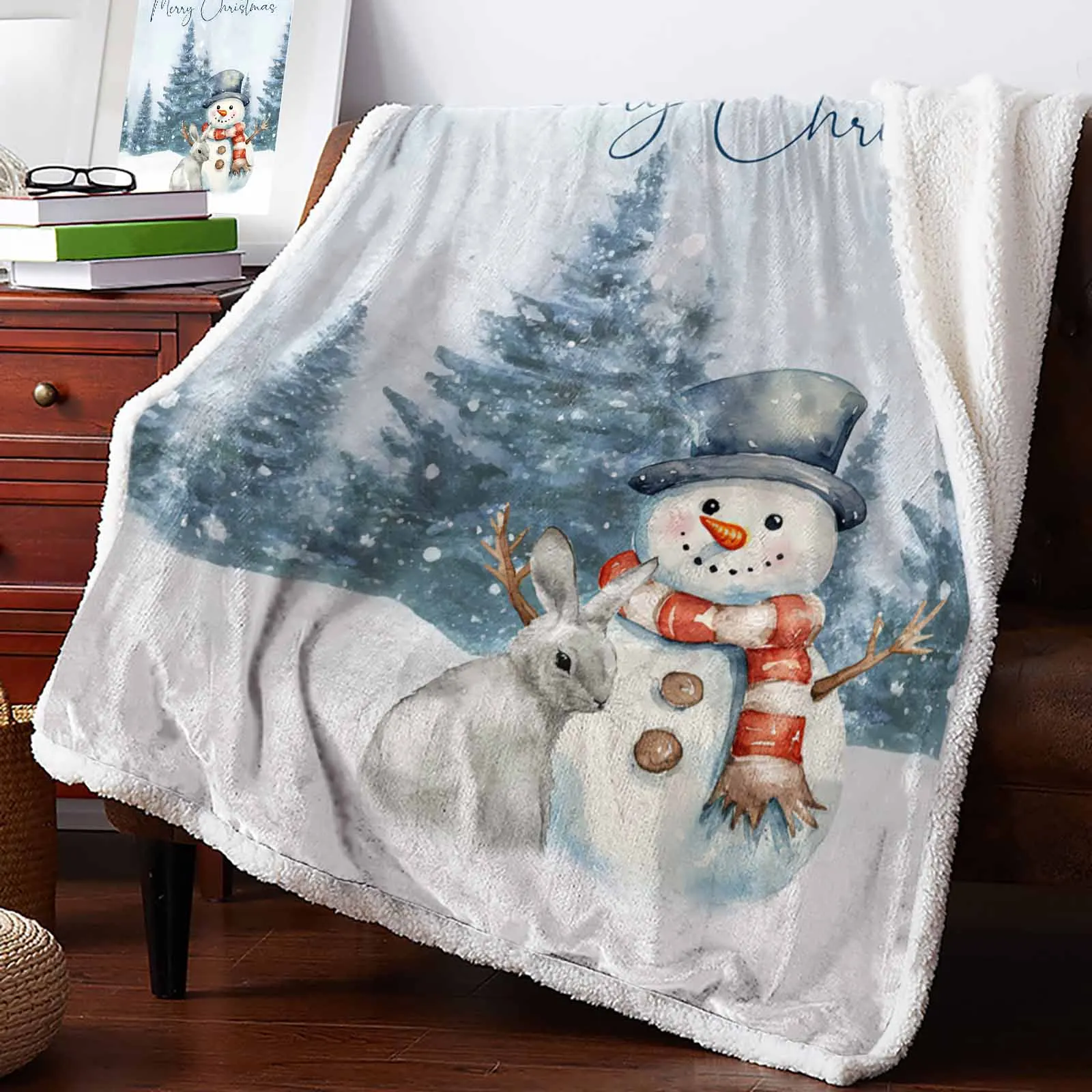 Christmas Snowy Snowman Rabbit Forest Cashmere Blanket Warm Winter Soft Throw Blankets For Beds Sofa Wool Blanket Bedspread