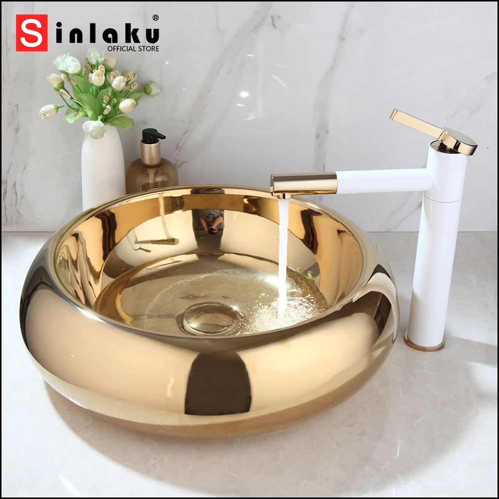 SINLAKU Bathroom Basin Set Ceramic Round Golden Plated Deck Mounted With White Single Handle Control Faucet Unique Mixer Taps