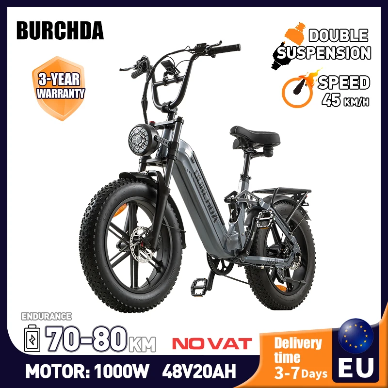 BURCHDA AZ20 Adult Electric Bicycle with 1000W Motor, 48V20AH960WH Battery Ebike ,20Inch 4.0 Wide Tyre E-City Off-Road FatBike