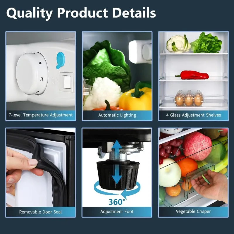 ثلاجة 5.0 قدم مكعب مع فريزر، ثلاجة بباب مزدوج مع 7 إعدادات لدرجة الحرارة قابلة للتعديل، ثلاجة صغيرة لمكتب النوم
