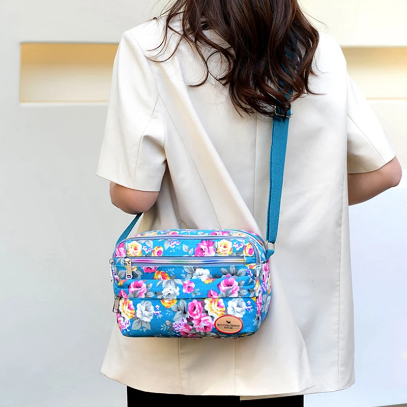 Casual Retro Nylon Shoulder Bag Multi Layered Floral Print Mother Handbag Women\'s Fashion Vintage Flower Crossbody Bags