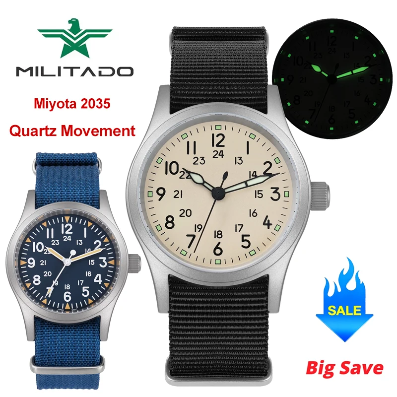 Militado ML05 Quartz Watch Miyota 2035 Movement Top Hat Domed Sapphire Crystal C3 Green Luminous 100m Waterproof Military Watch