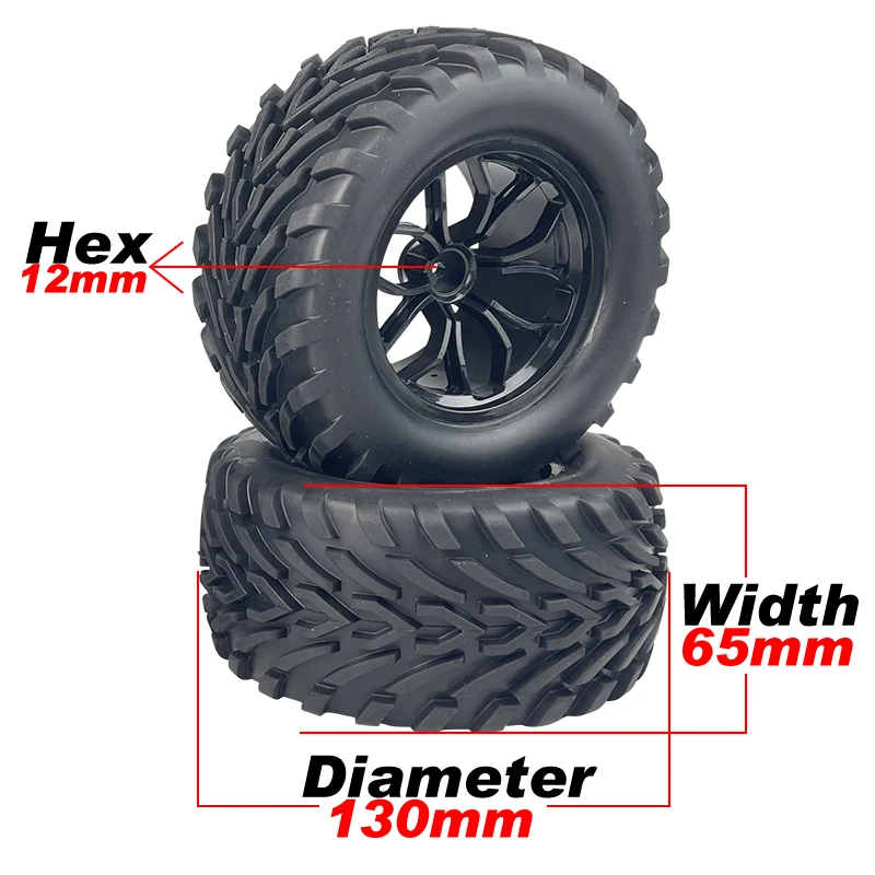 RC Car Tires – 130mm Diameter, 65mm Width, with 12mm Hex Hub. Rubber Wheels (VRX 10589) Complete 4-Set. Perfectly Designed for