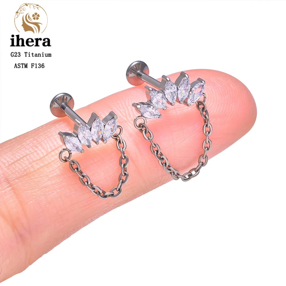 ASTM F136 Titanium Ear Cartilage Earrings Internal Thread 16G Hidden Helix Stud CZ Drape Chain Flat Back Tragus Piercing Jewelry