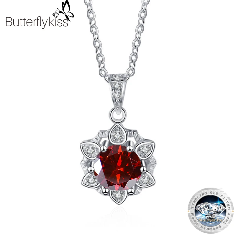 

Butterflykiss Real Sterling Silver Moissanite Necklace 1CT Brilliant Diamond Snowflake Pendant For Women Girl Gift Fine Jewelry