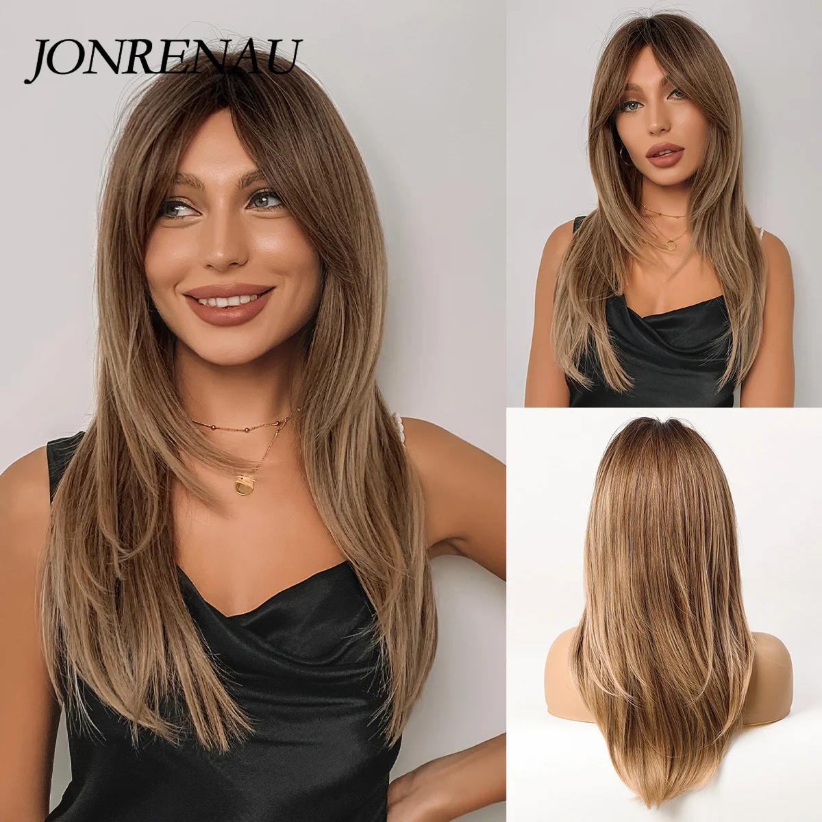 JONRENAU-Peluca de cabello largo y liso con flequillo para mujer, pelo sintético degradado, negro oscuro, marrón a rubio, para fiesta, uso diario,