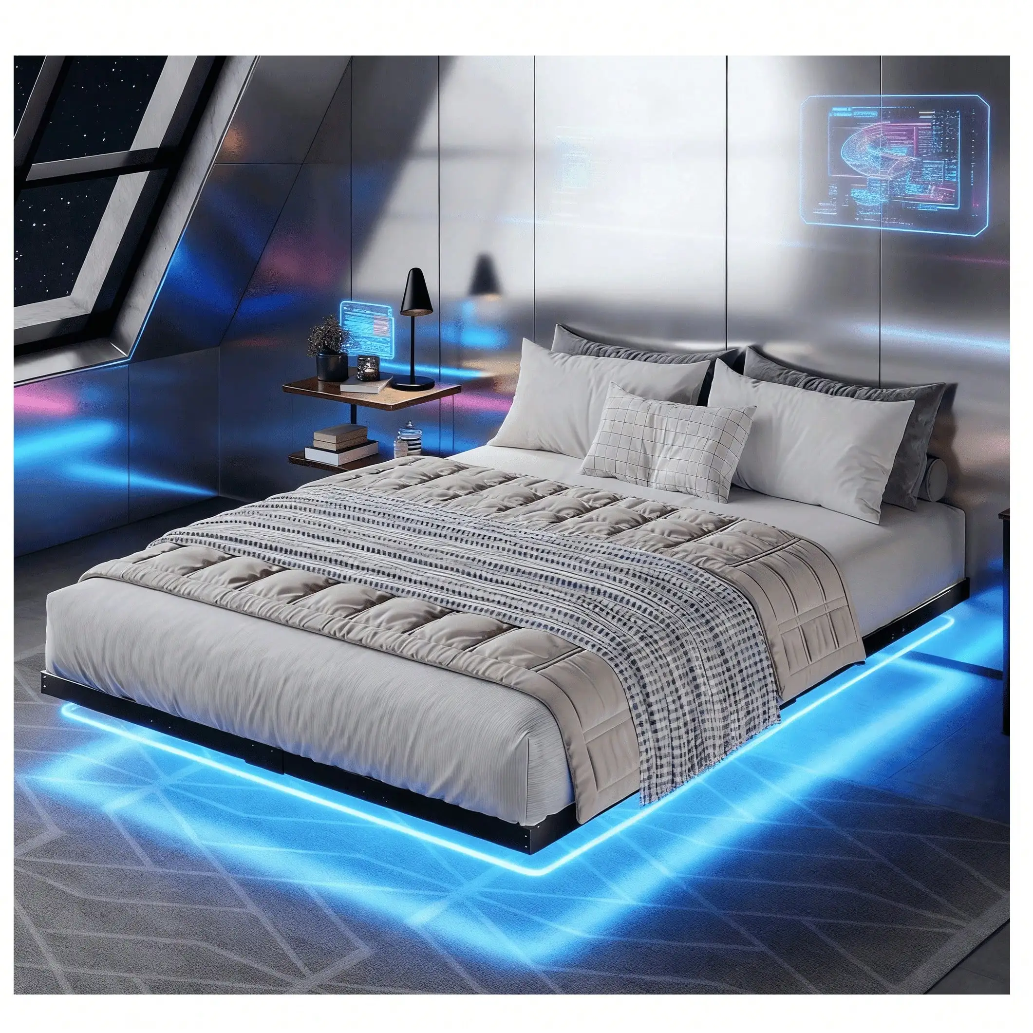 Full/ Queen/ King Floating Bed Frame With LED Light, Modern Metal Bed Frame With Heavy Duty Steel Slats, Christmas Gifts, No Box Spring Needed, Easy To Assemble, Black (USB LED Strips)